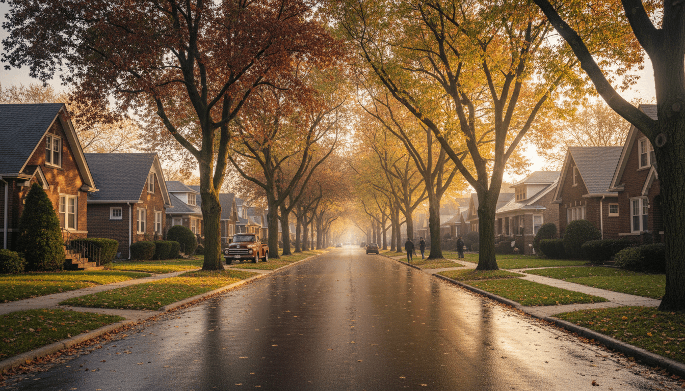 Brick bungalow homes on a tree-lined street representing the best neighborhoods to buy in Detroit
