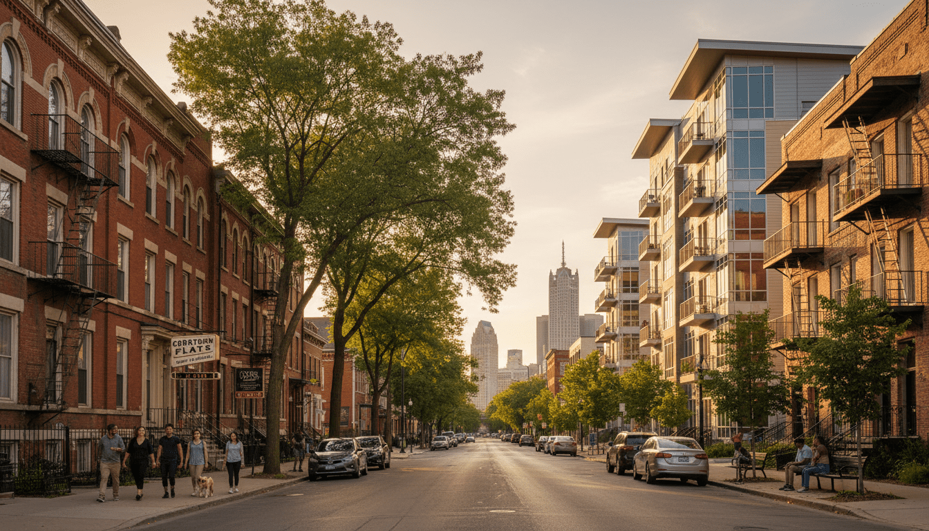 Street view of historic and modern apartments illustrating the best areas to rent in Detroit