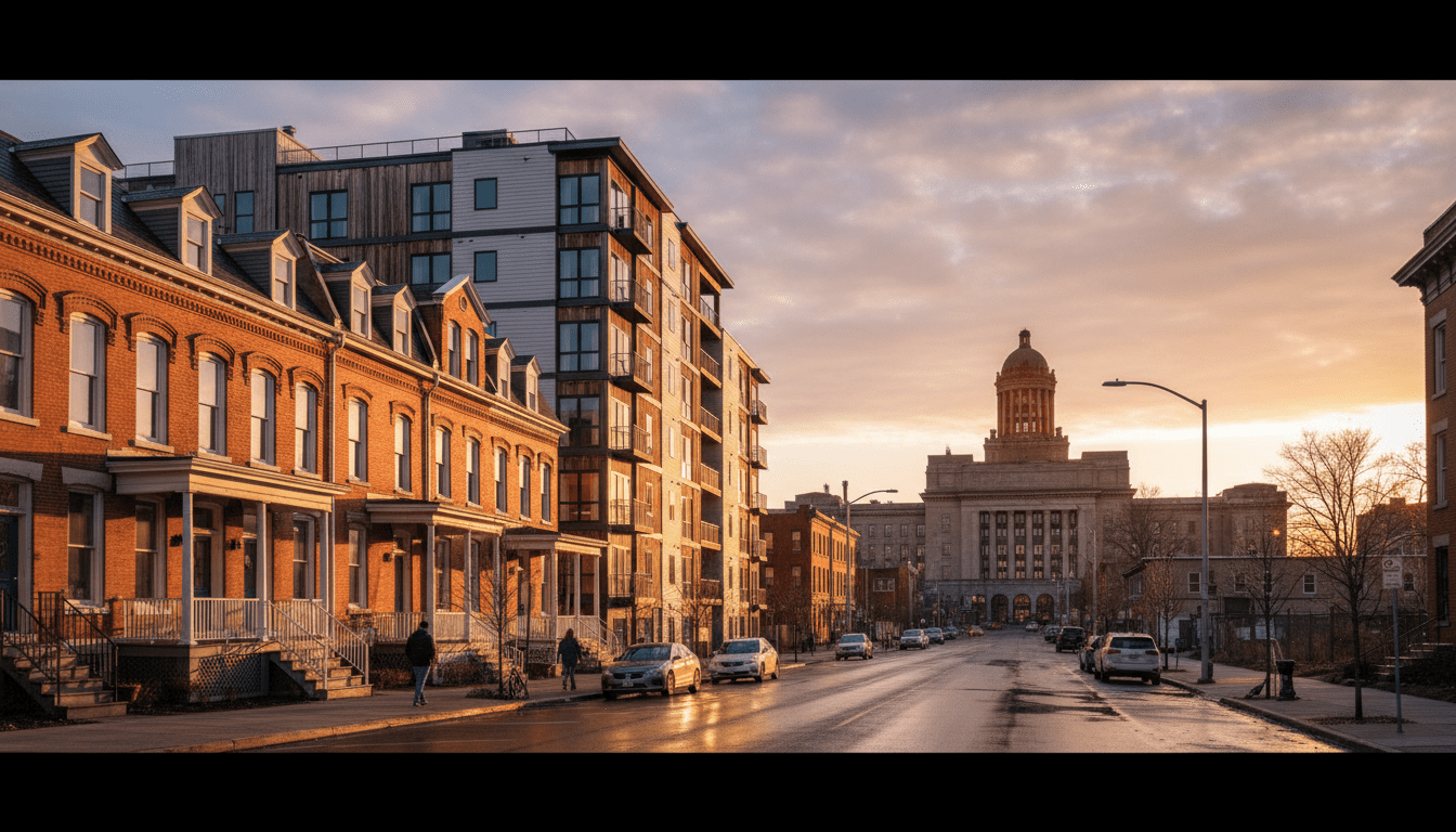 Street view of Corktown highlighting one of the best areas to rent in Detroit with Michigan Central Station in the background