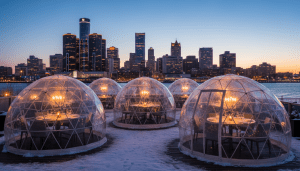 Detroit igloo dining structures glowing on a restaurant patio at night