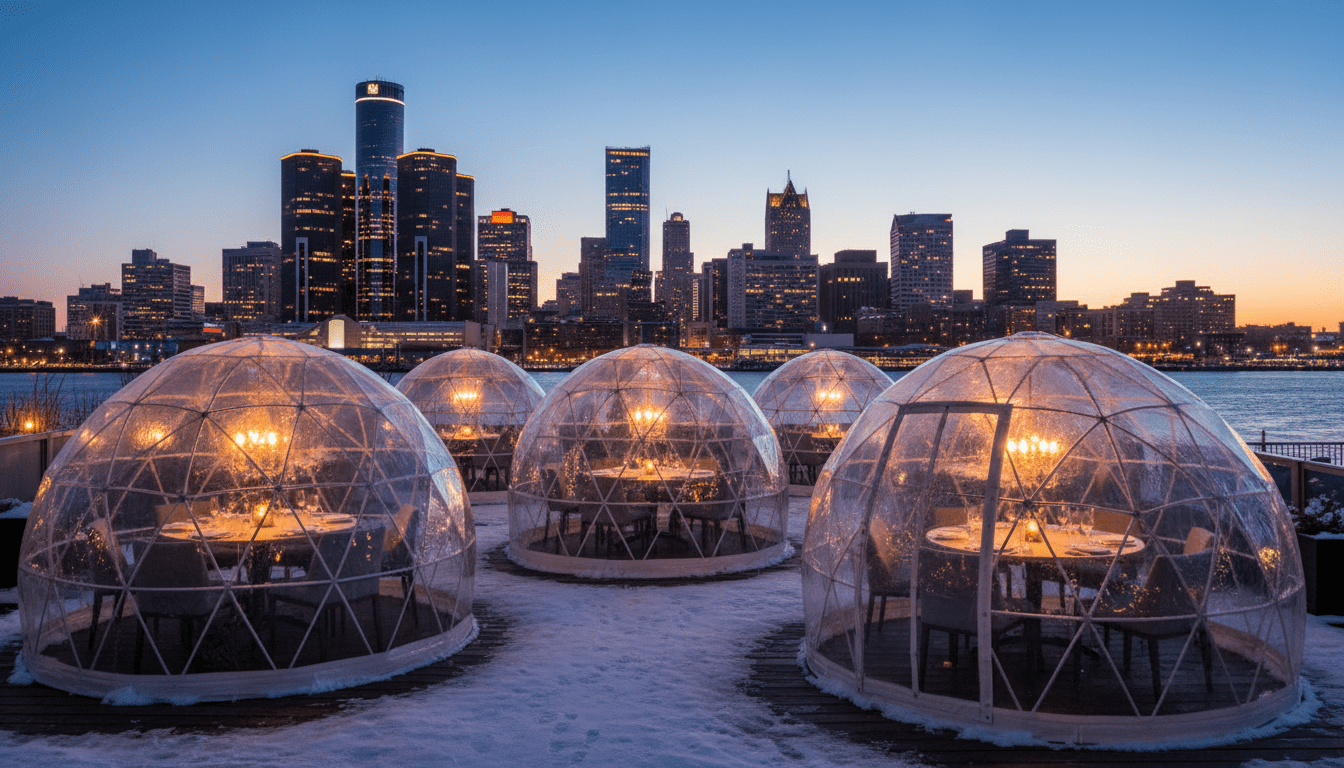 Detroit igloo dining structures glowing on a restaurant patio at night