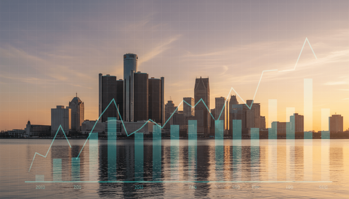Michigan economic forecast chart overlaid on Detroit skyline at sunrise