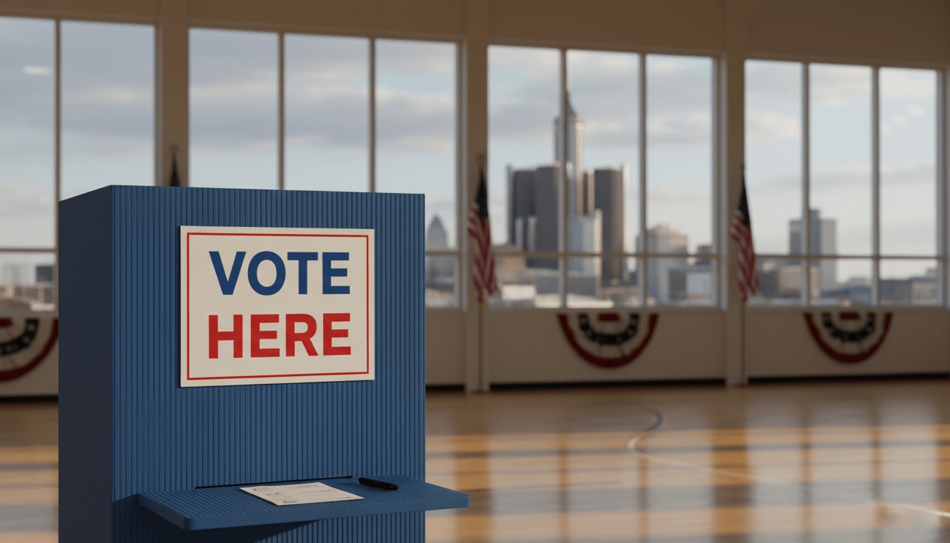 A diverse group of Michigan voters walking past a polling station in Detroit with the city skyline in the background, illustrating the Michigan voters Trump economy sentiment.