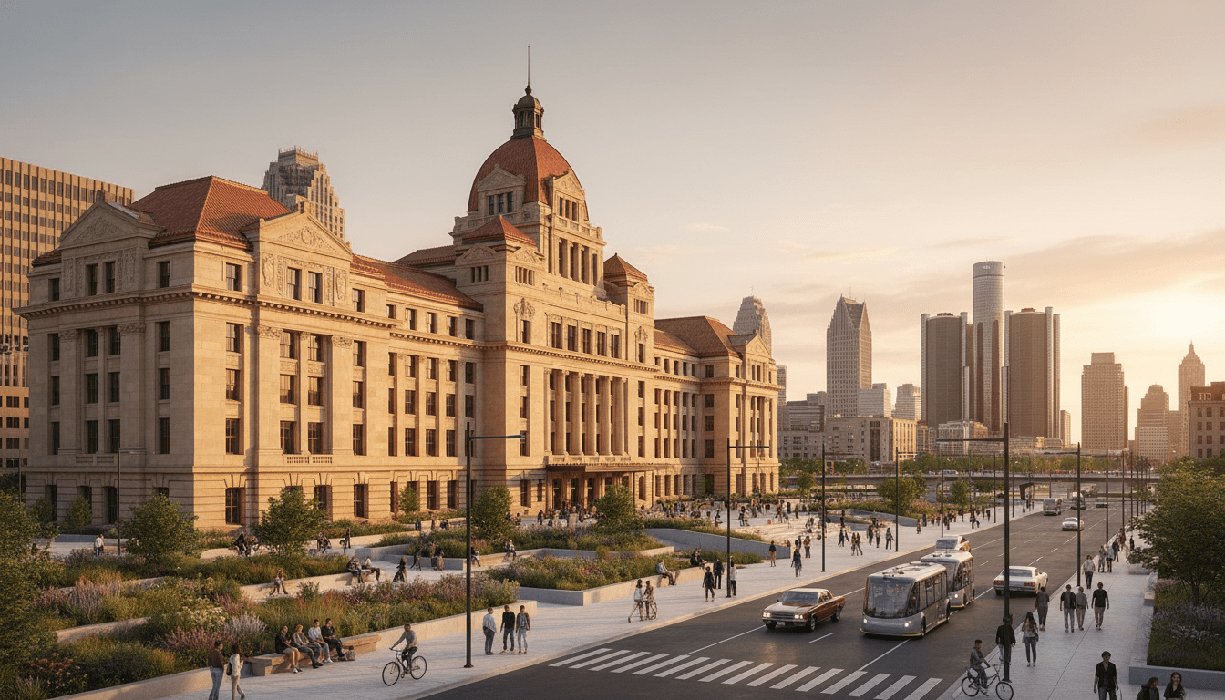 Construction and restoration progress at Michigan Central Station representing Midtown and Corktown revitalization