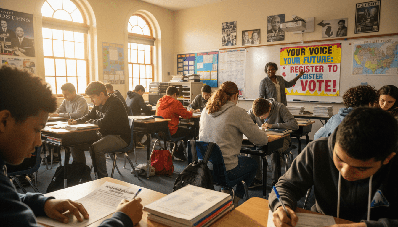 Detroit high school students participating in a student voter preregistration drive in a classroom