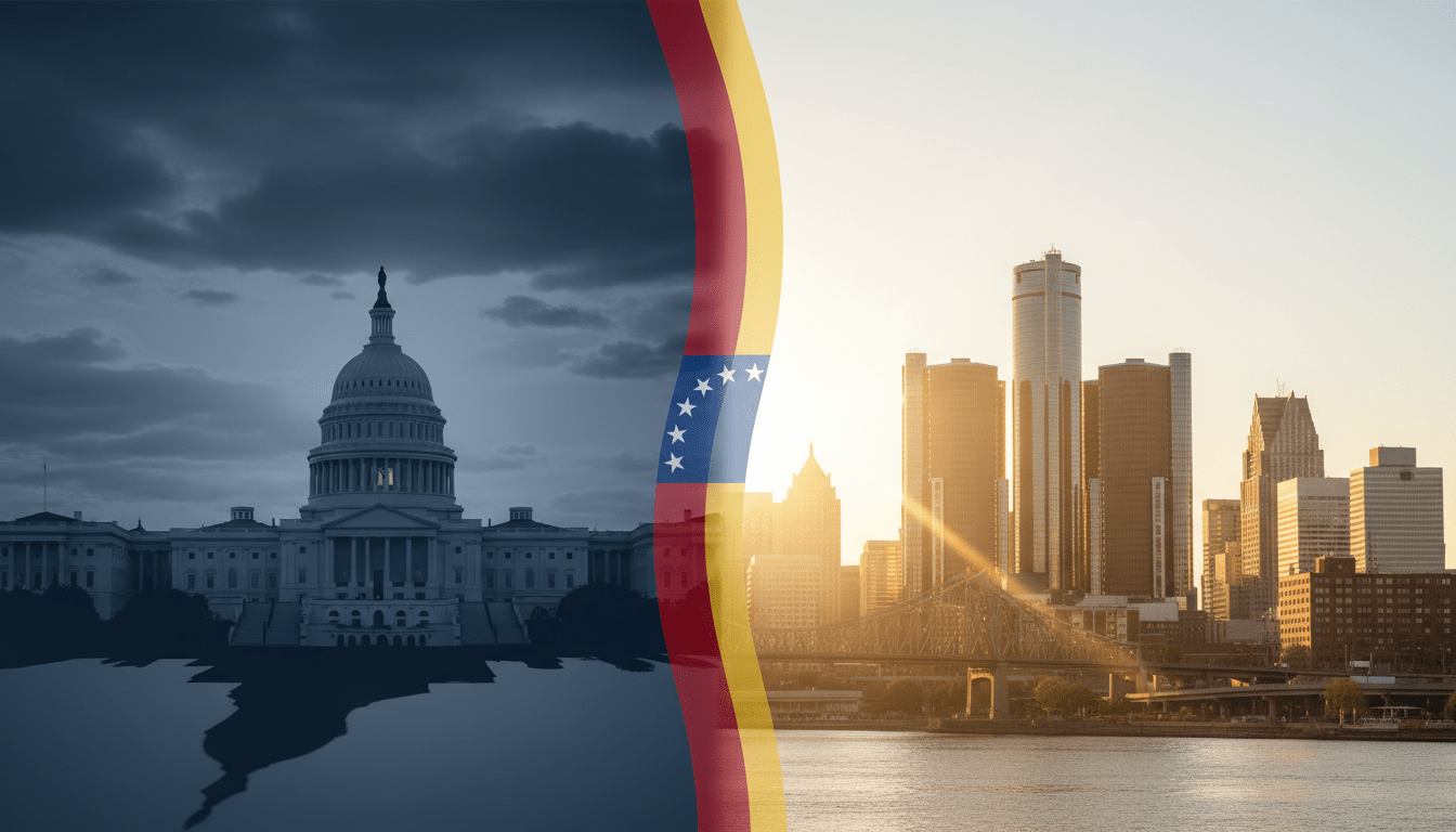 Illustration depicting the impact of US Venezuela policy Detroit on the local skyline