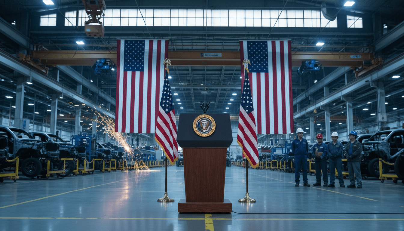 President Trump delivering a speech about the Trump Detroit economy plan at a manufacturing plant.