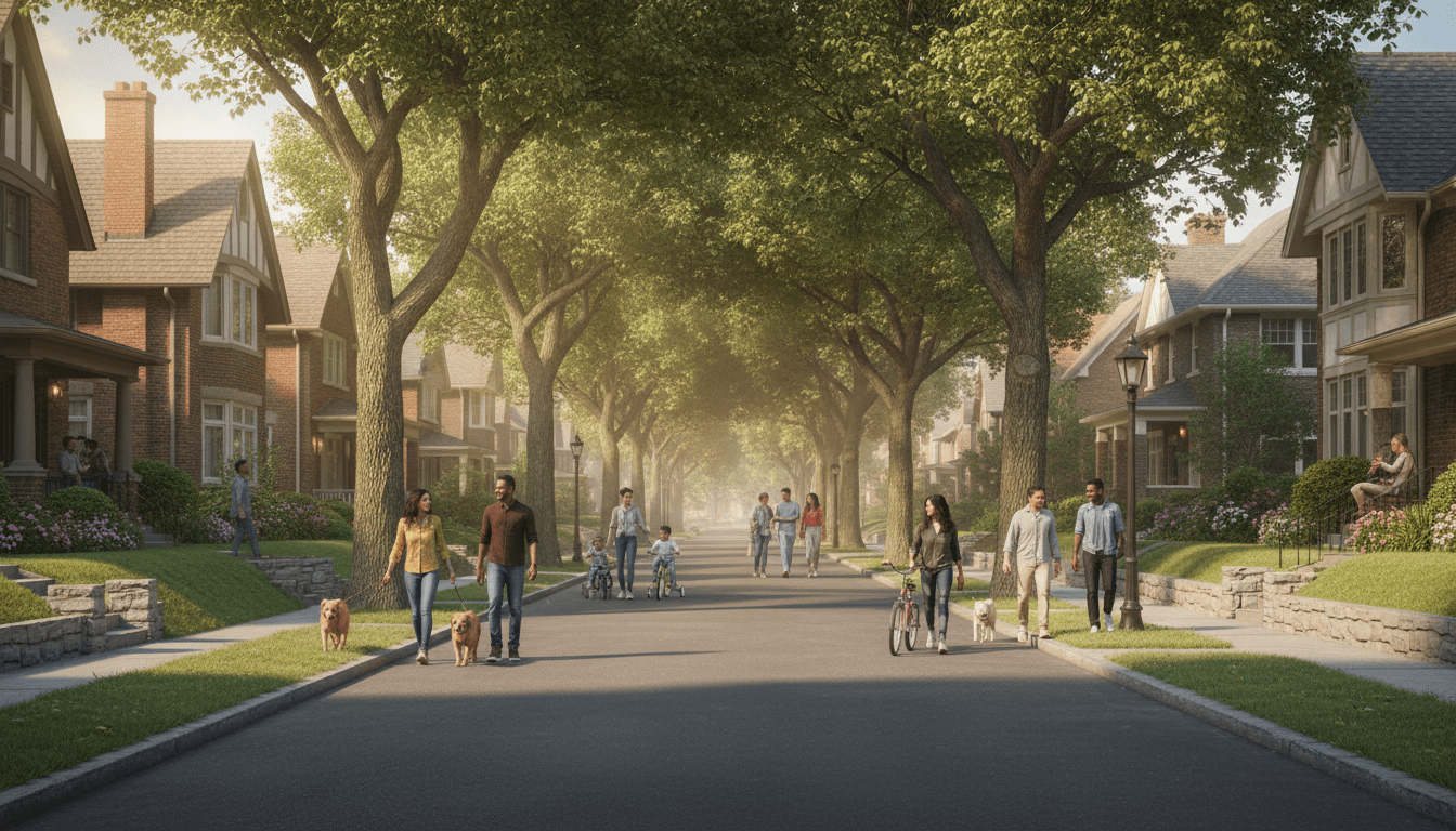 A quiet, tree-lined street representing the safest neighborhoods in Detroit with historic homes.