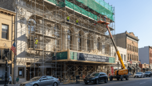 Scaffolding covering the facade of one of the historic Detroit theaters during restoration work