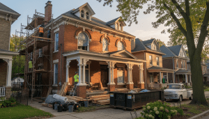 A historic Detroit fixer-upper home undergoing renovation with scaffolding and construction materials.