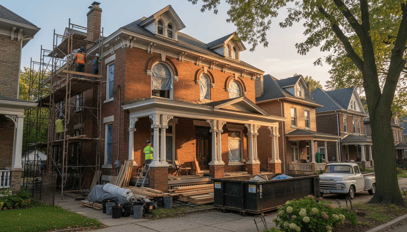 A historic Detroit fixer-upper home undergoing renovation with scaffolding and construction materials.