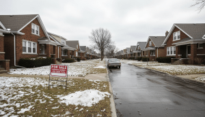 A residential street in Detroit showing homes affected by rising Detroit property taxes