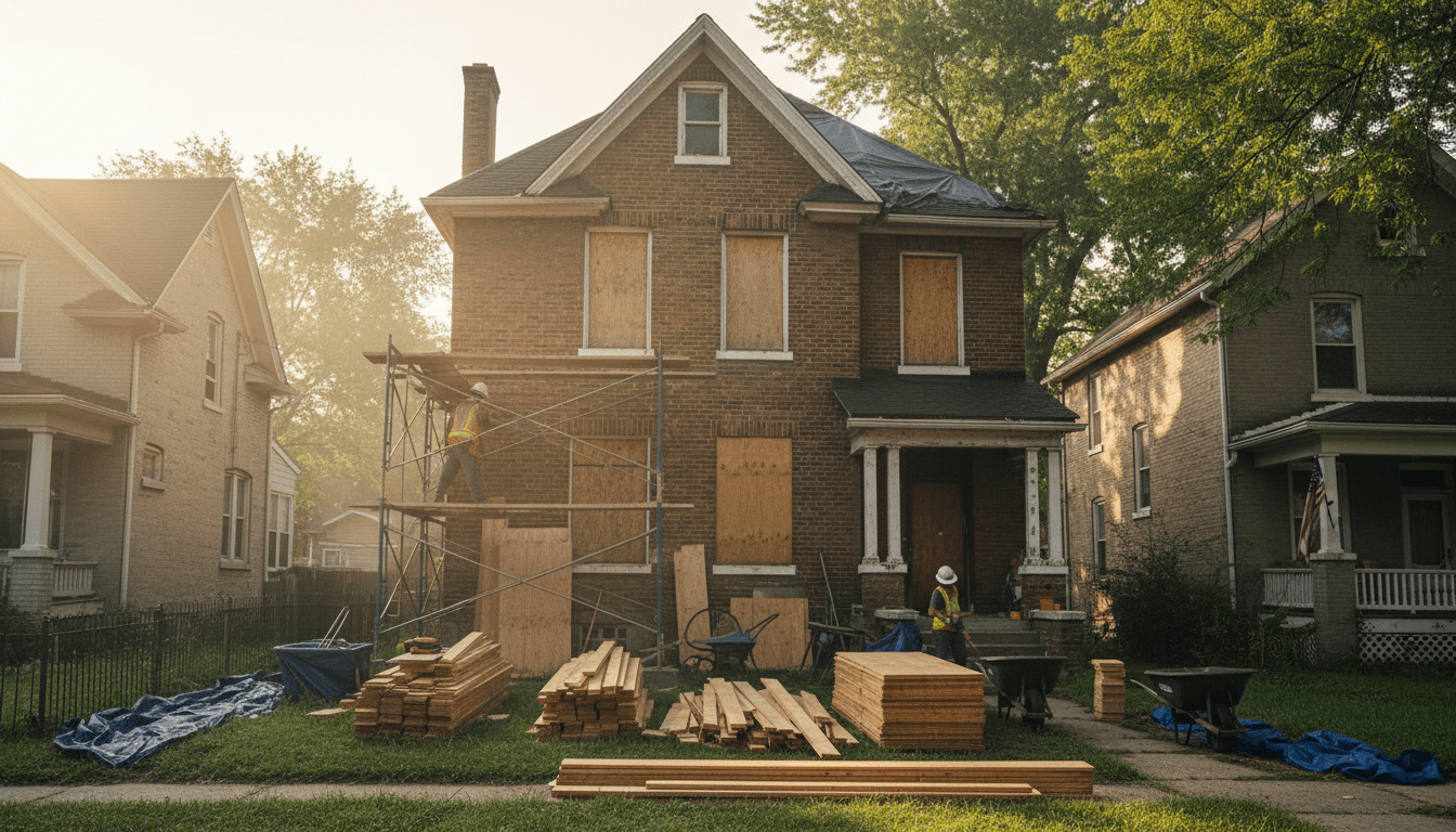 Construction materials in front of a house illustrating high Detroit renovation costs