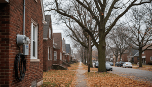 Power lines and residential meter symbolizing rising Detroit utility costs