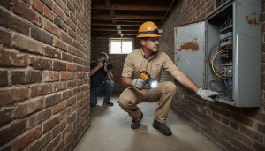 Professional inspector conducting a Detroit home inspection on a historic brick property.