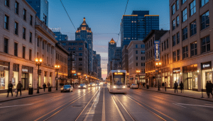 Street view of Woodward Avenue showcasing modern downtown Detroit living developments and pedestrians.