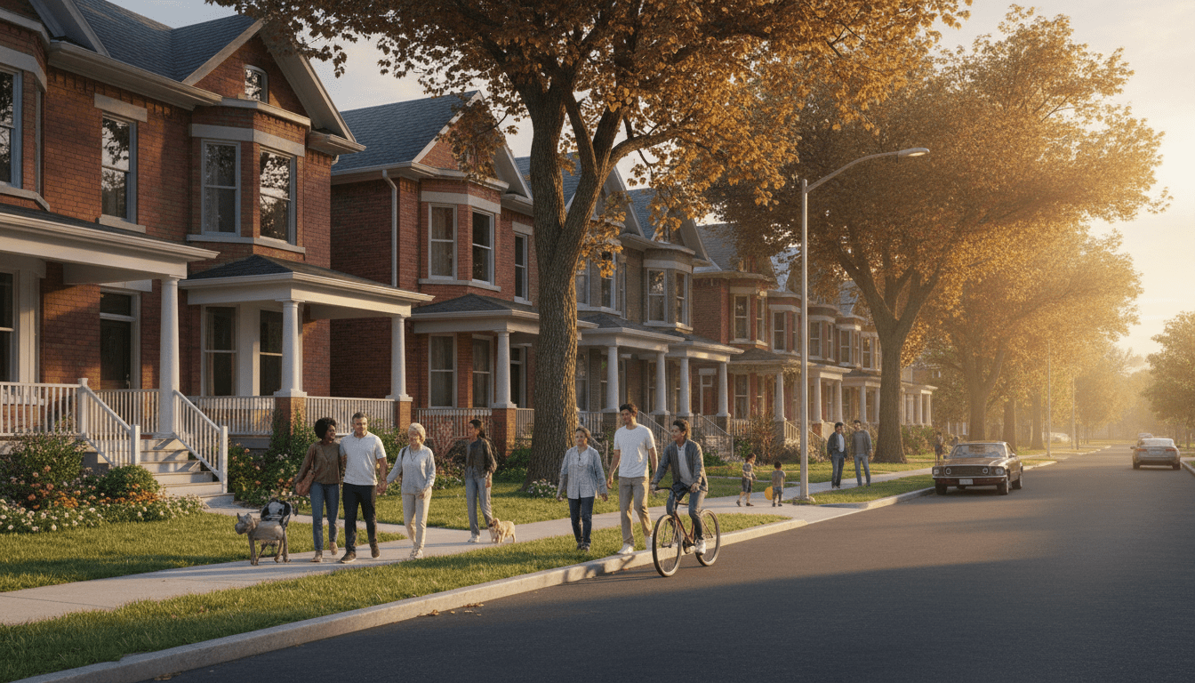 A scenic street view of one of the best neighborhoods in Detroit featuring restored historic homes and walkable sidewalks.