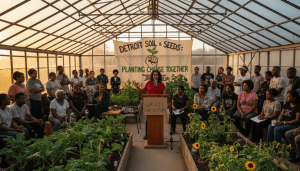 Residents gathering for the Party of Alyssa Matt town hall meeting in Detroit discussing neighborhood development.