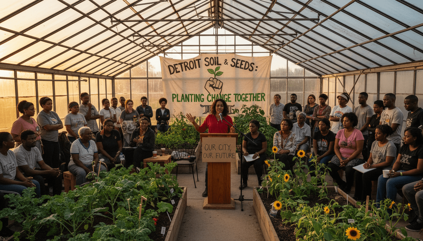 Residents gathering for the Party of Alyssa Matt town hall meeting in Detroit discussing neighborhood development.