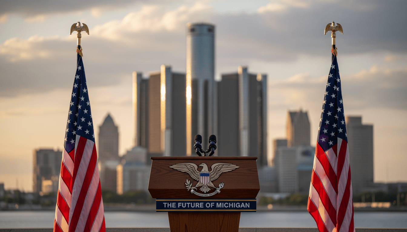 Donald Trump Michigan campaign rally podium with Detroit skyline in background