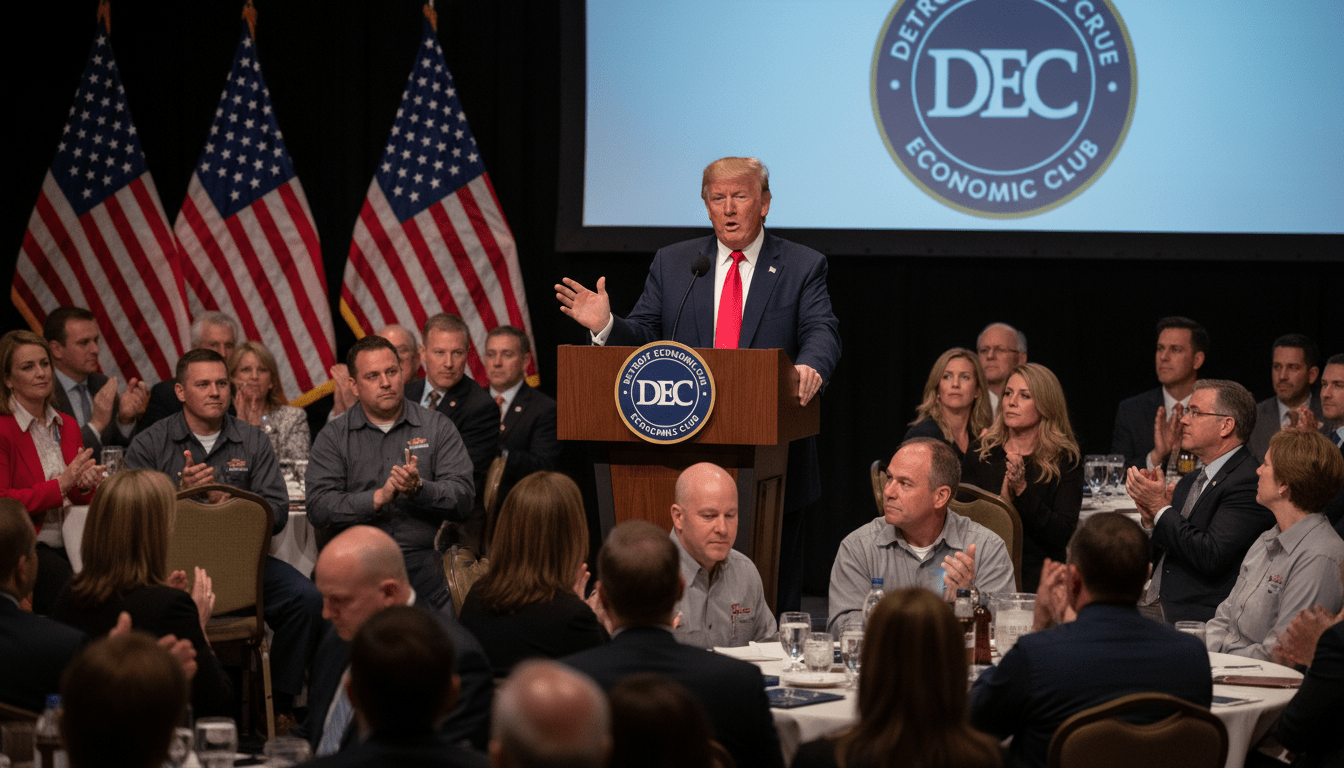 Donald Trump speaking at a podium about the Detroit auto industry