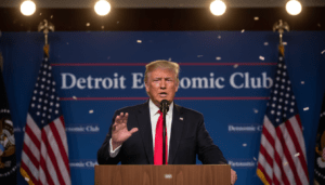 Donald Trump delivering a Detroit economic speech at a podium