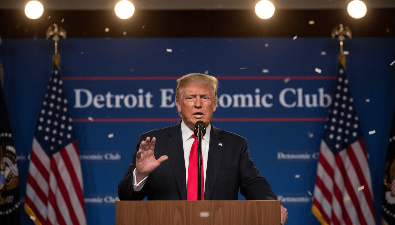 Donald Trump delivering a Detroit economic speech at a podium