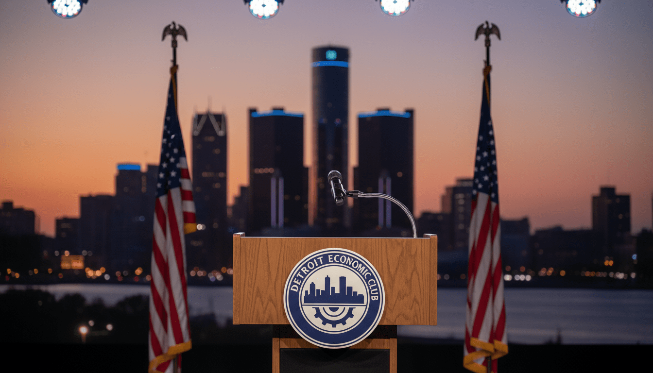Donald Trump podium at the Detroit Economic Club speech event