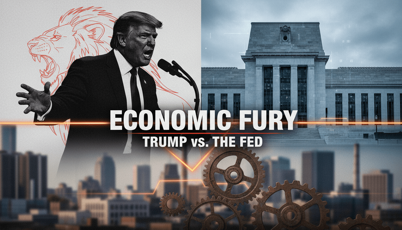 Donald Trump speaking next to Federal Reserve building graphic illustrating the impact of Federal Reserve interest rates on Detroit
