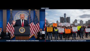 Trump Touts “Economic Boom” in Detroit as Protesters Rally Outside