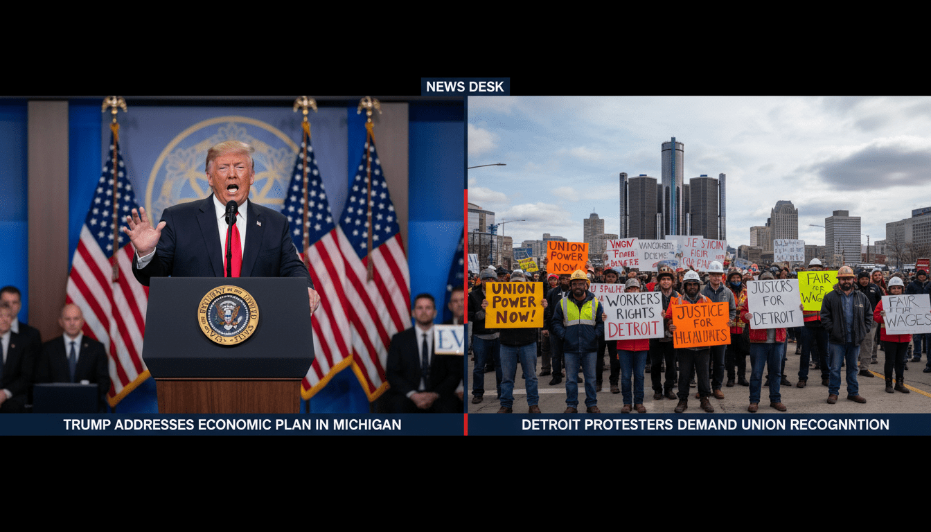 Donald Trump giving a Detroit speech about the economy while protesters rally outside