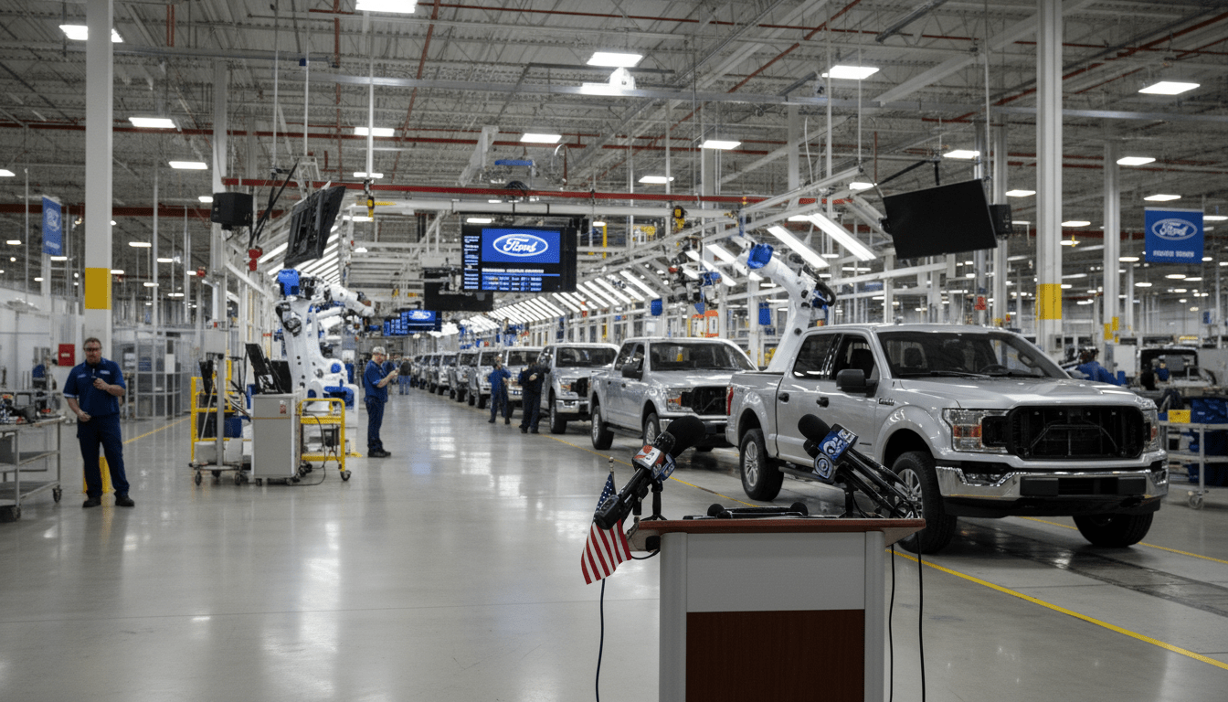 Donald Trump visits Ford plant podium with F-150 trucks in background
