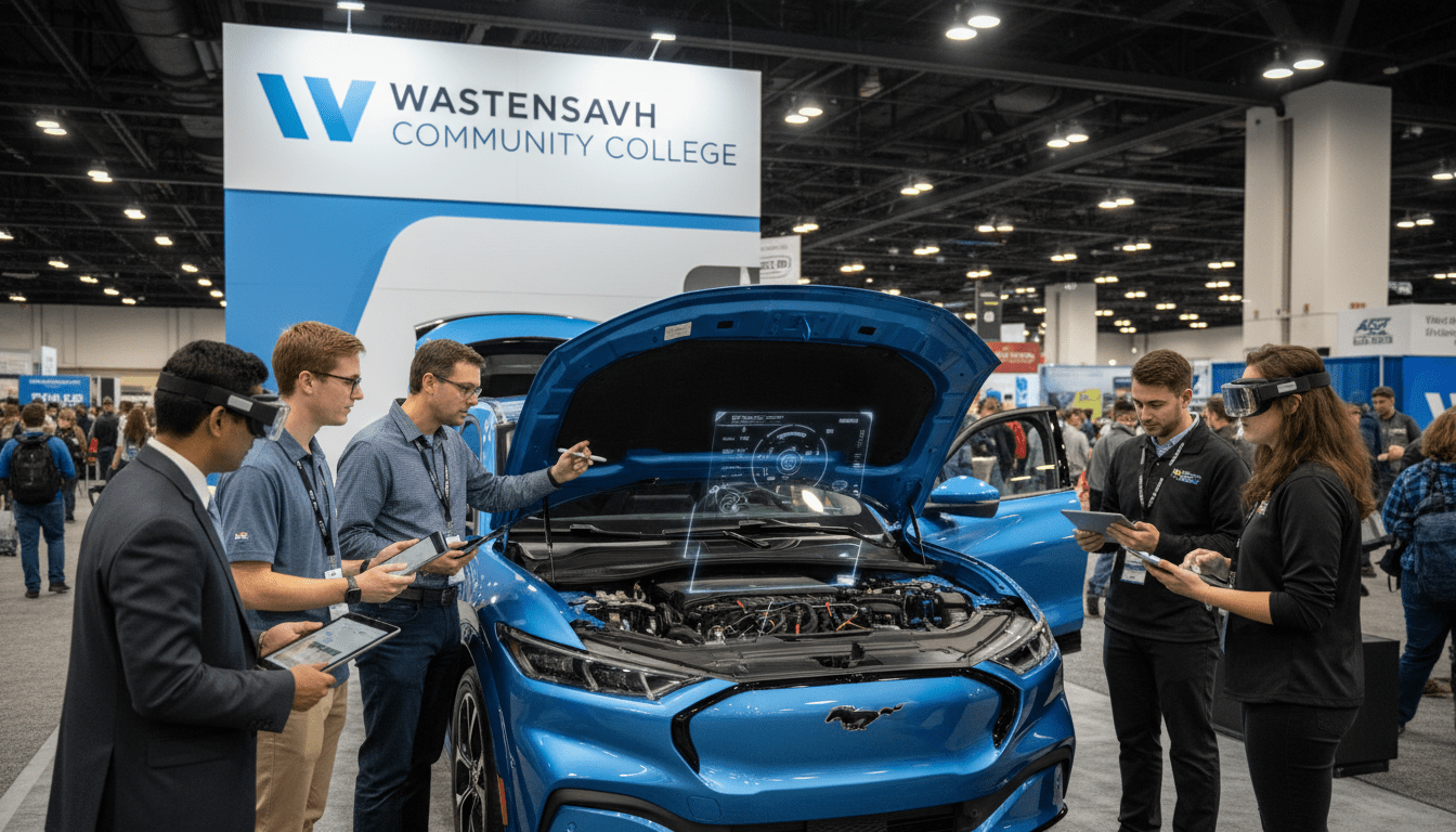 Students demonstrating mobility education technology at the WCC booth during the Detroit Auto Show
