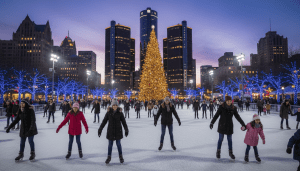 Skaters on the ice rink at Campus Martius Park during the winter season of ice skating in Detroit