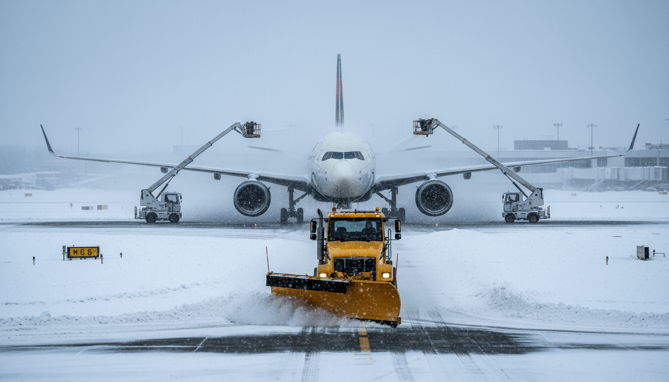 Detroit winter storm impacts showing snow plows at DTW airport clearing runways