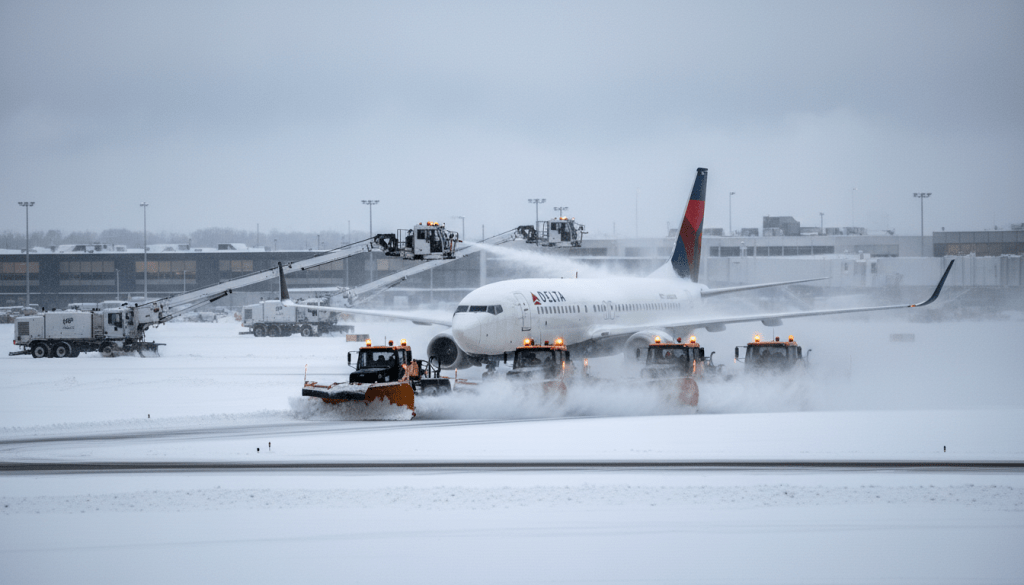 De-icing crews working to prevent DTW flight delays during a heavy winter snowstorm in Detroit.