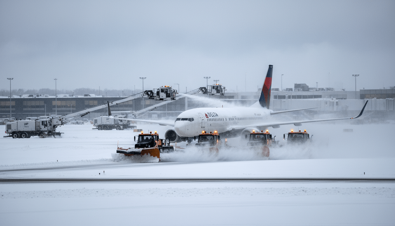 De-icing crews working to prevent DTW flight delays during a heavy winter snowstorm in Detroit.