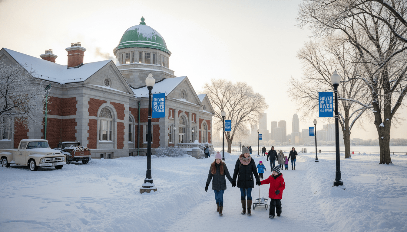 Families gathering outside the Belle Isle Casino for the Shiver on the River festival during winter