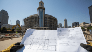 Construction blueprints in front of Detroit municipal building representing the Detroit permitting process delays
