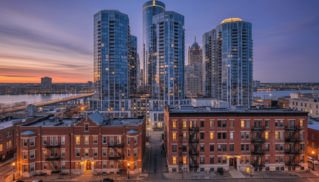 Modern and historic apartments Detroit skyline background