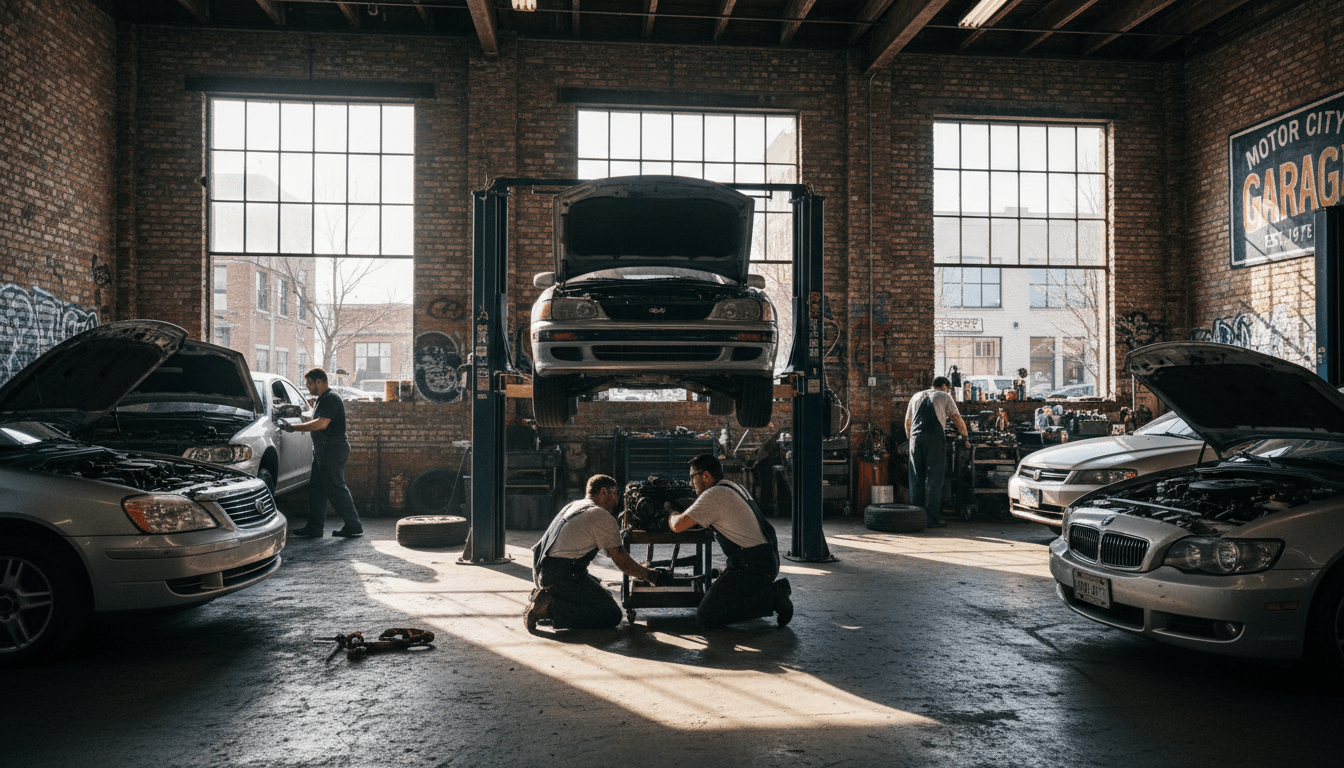 Mechanic working on a vehicle in a busy Detroit auto repair shop