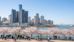 Detroit skyline view from the riverfront showing spring blooms and tourists illustrating Detroit spring travel 2026 growth.