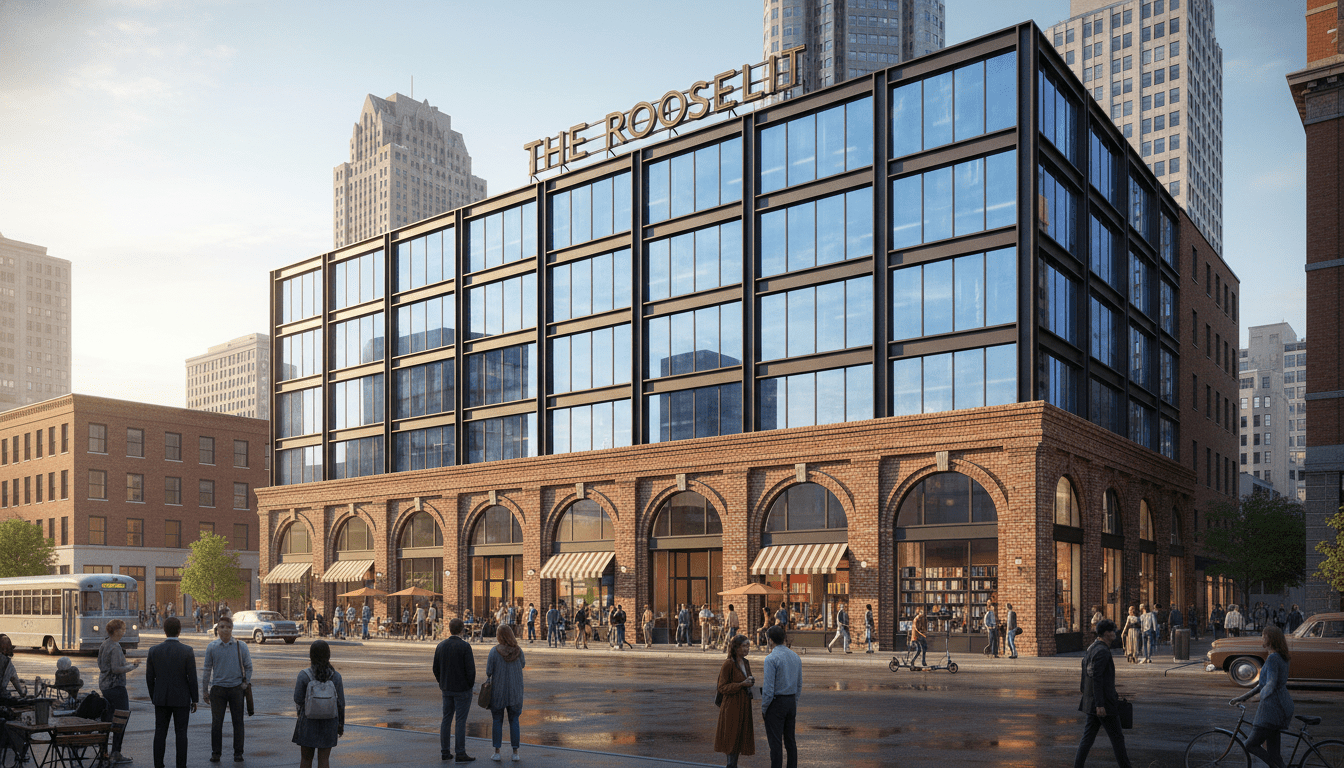 Modern mixed-use building representing commercial real estate in Detroit trends for 2025