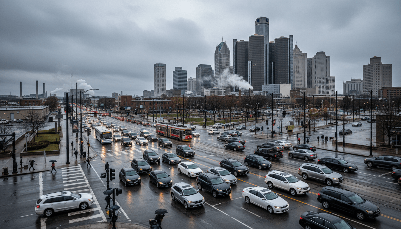 Traffic on a Detroit street illustrating the high cost of car insurance Michigan.