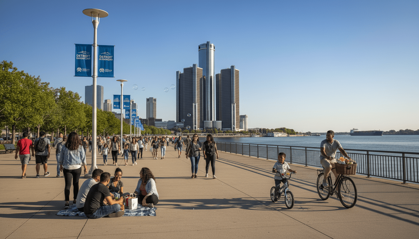 Families walking along the riverfront during family weekend events Detroit