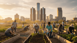 Residents planting crops during the Detroit gardening season with city skyline in background