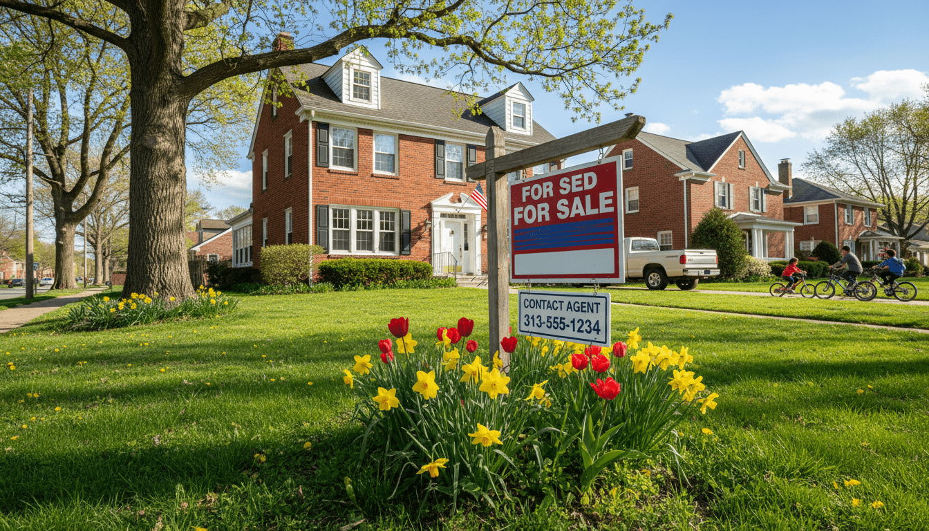 For sale sign in front of a brick house during Detroit home buying season 2026