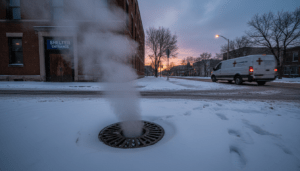 Snow covered entrance of a building offering services for Detroit homeless shelters during winter.
