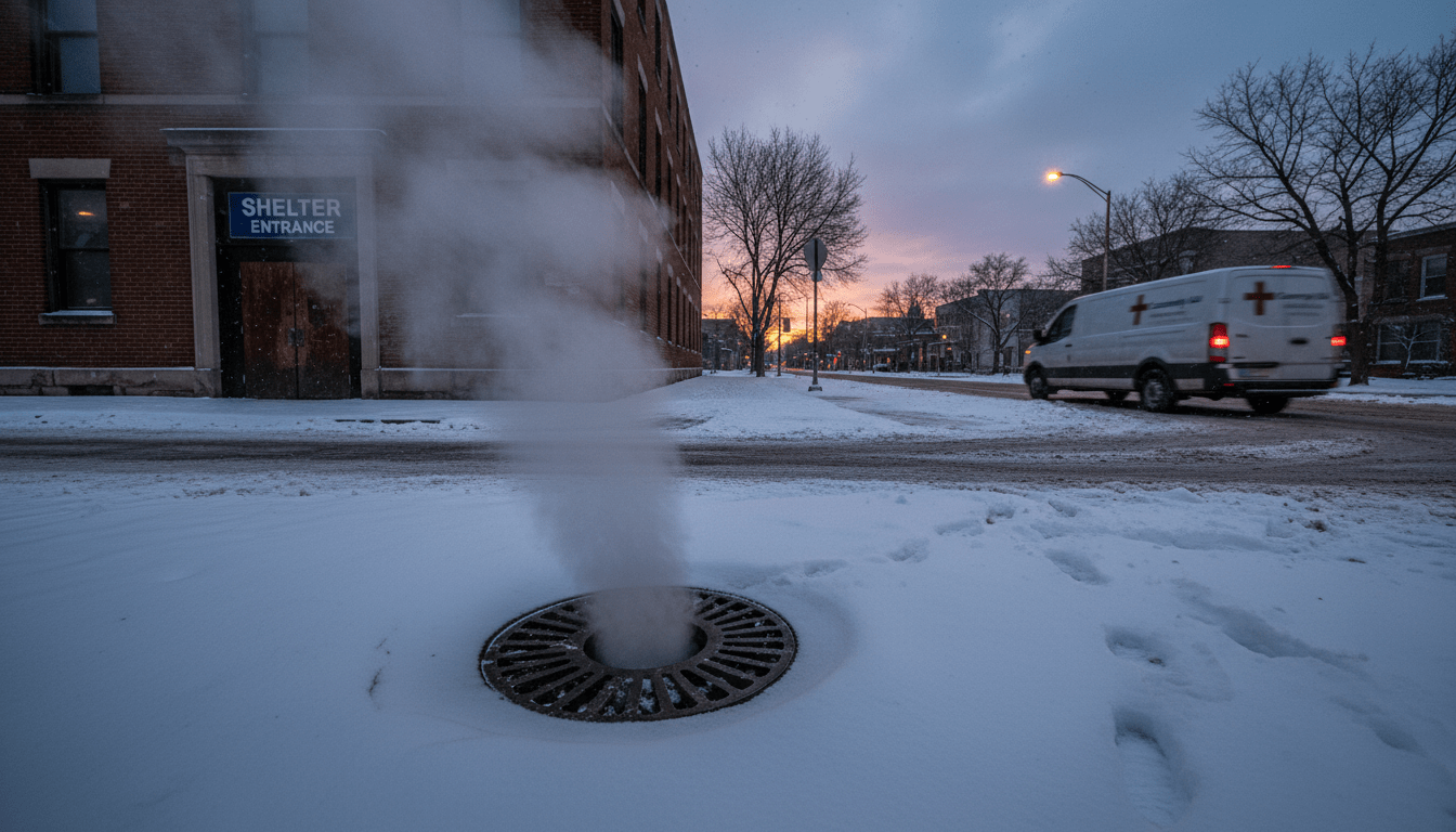 Snow covered entrance of a building offering services for Detroit homeless shelters during winter.