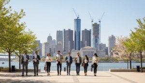 Professionals walking in front of Detroit skyline illustrating the robust Detroit job market in 2026